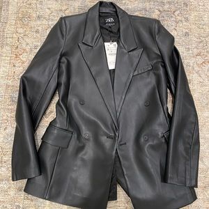 Zara Black Faux Leather Double-Breasted Blazer